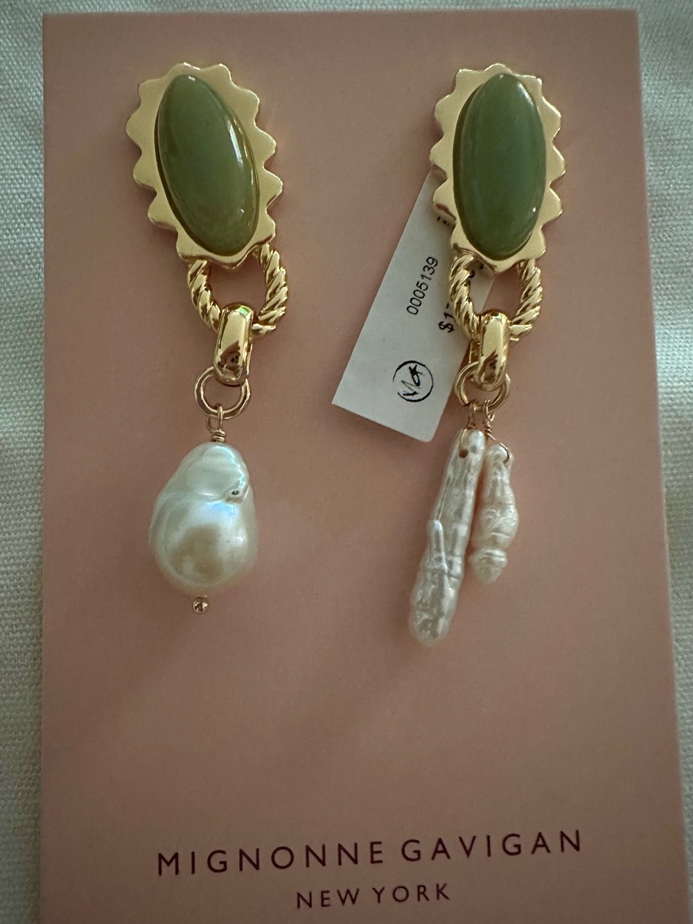 Mignonne Gavigan Olive Green Gold Pearl Drop Earrings